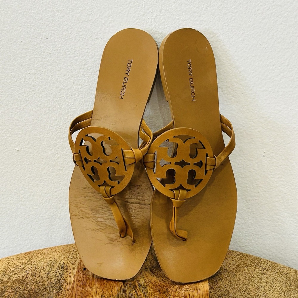 Tory Burch Miller Leather Sandals in Tan /the iconic laser-cut Double T logo 7M